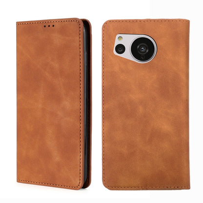 Light brown leather magnetic phone case with camera cutout and stitched border
