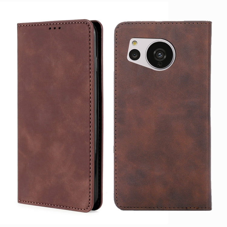 Dark brown leather magnetic phone case with camera cutout and stitched edges