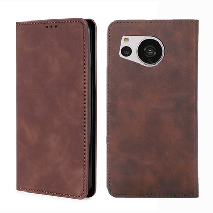 Dark brown leather magnetic phone case with camera cutout and stitched edges