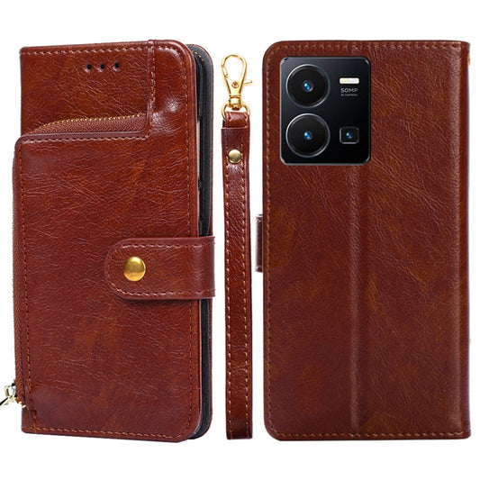 Brown leather zipper wallet phone case with flip cover, card slot, and magnetic button.