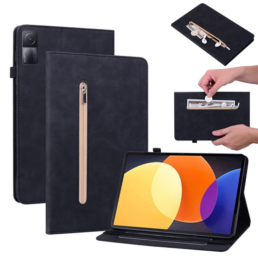 Black leather zipper tablet case with front pocket and easel stand