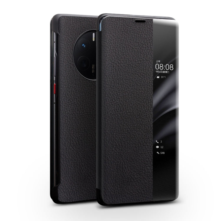 Black genuine leather side window smartphone case with card slot-style cutout