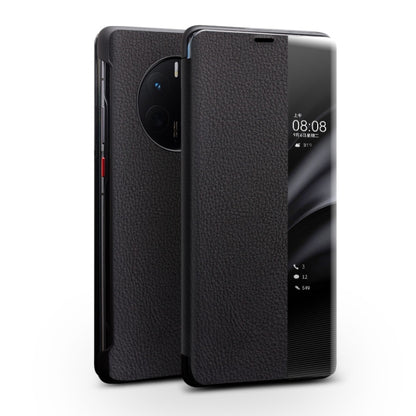 Black genuine leather side window smartphone case with card slot-style cutout