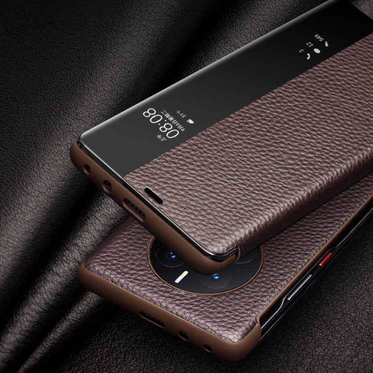 Genuine leather smartphone case with textured finish, side buttons, and side window.