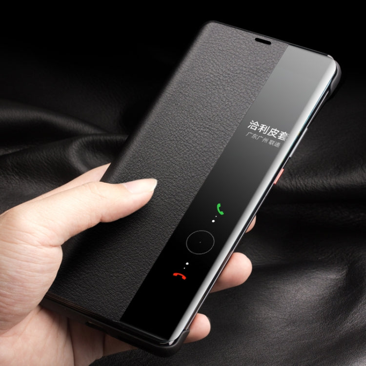 Genuine leather smartphone case with side window and fold-over cover.