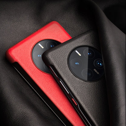 Red and black genuine leather smartphone cases with side window and camera cutouts.