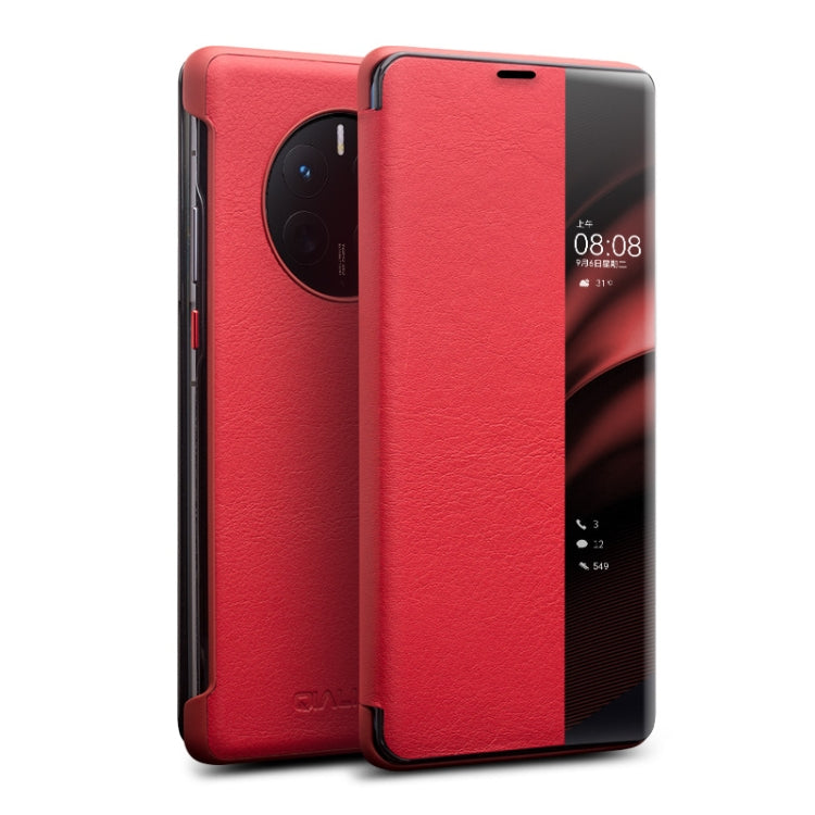 Red genuine leather side window smartphone case with front cover flap