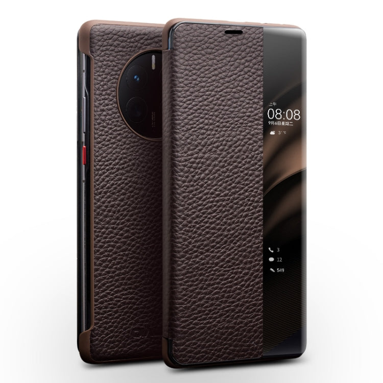 Brown genuine leather side window smartphone case with textured grain leather
