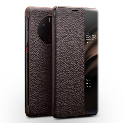 Brown genuine leather side window smartphone case with textured grain leather