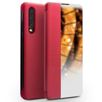 Red genuine leather side window smartphone case with phone screen through opening