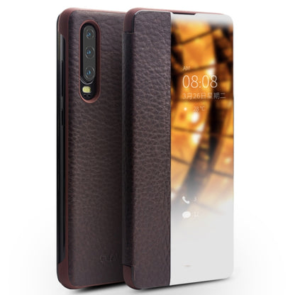 Brown genuine leather side window smartphone case with camera cutout