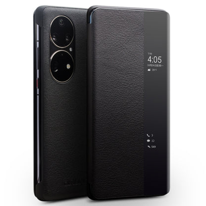 Black genuine leather side window smartphone case with dual camera cutout
