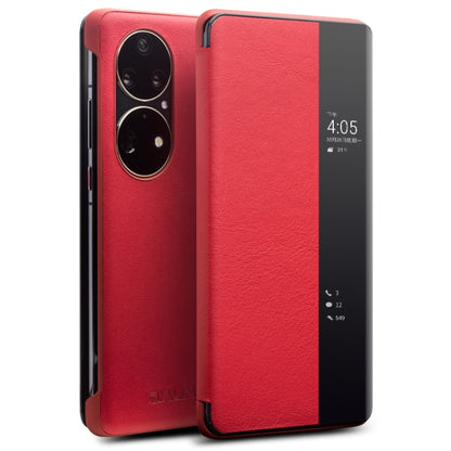 Red genuine leather side window smartphone case with dual camera cutout