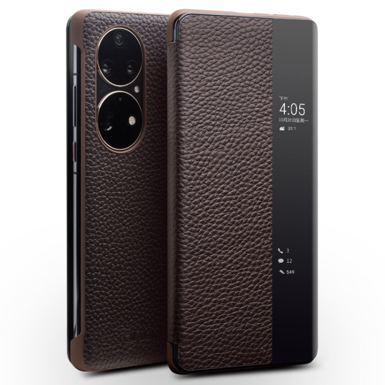 Brown genuine leather side window smartphone case with textured finish