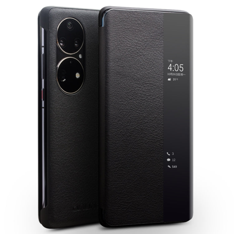 Black genuine leather smartphone case with side window and dual camera cutouts.