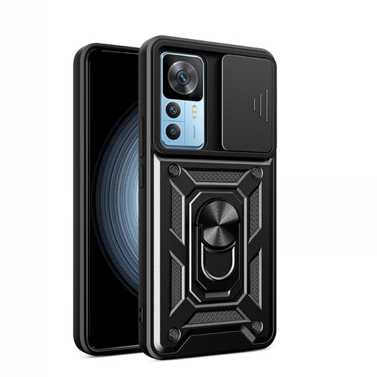 Black rugged phone case with sliding camera cover and circular kickstand