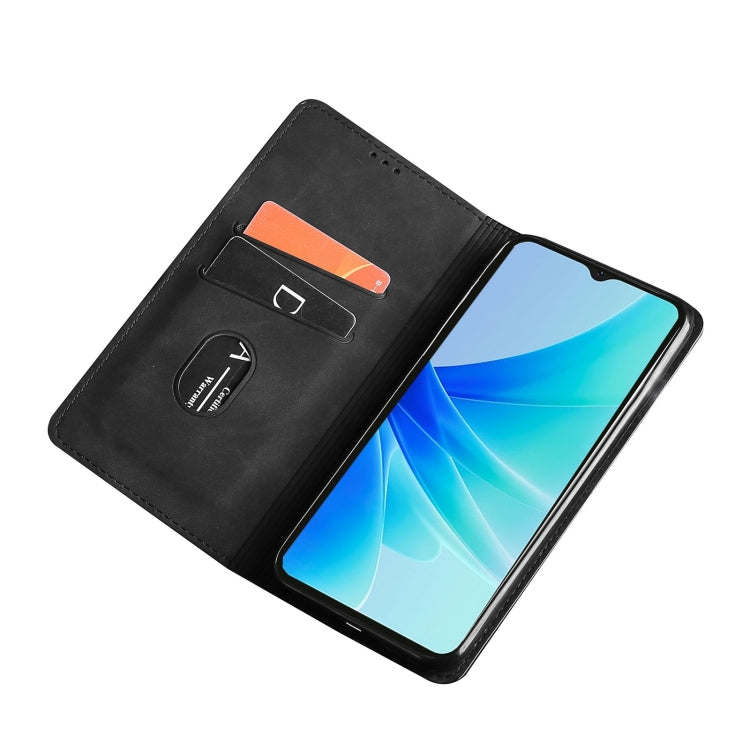 Black magnetic flip leather phone case shown open with phone display visible.