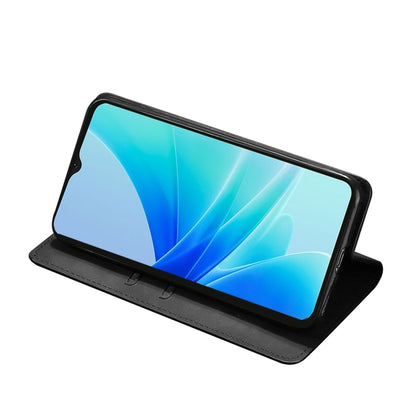 Black magnetic flip leather phone case open and propped, phone screen visible.