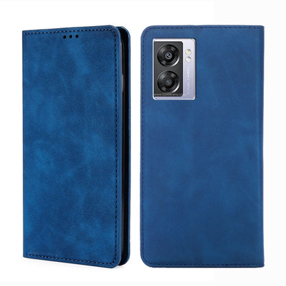 Blue magnetic flip leather phone case with back camera window and speaker cutouts.