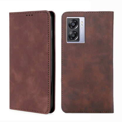 Dark brown leather flip phone case with stitched edges and rear dual-camera cutout