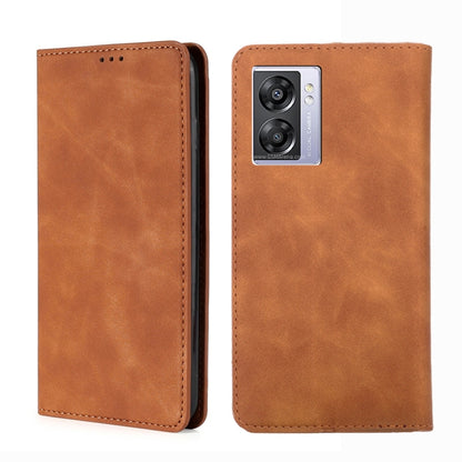 Tan leather flip phone case with stitched edges and rear dual-camera cutout
