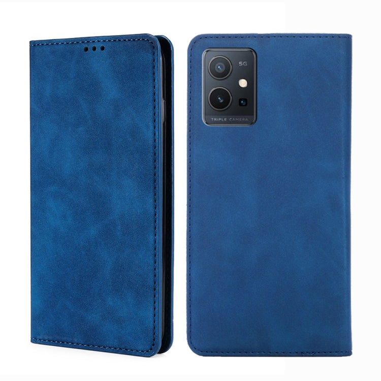 Blue leather flip phone case with stitched edges and rear camera cutout