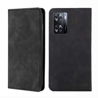 Black leather flip phone case with stitched edges and rear dual-camera cutout