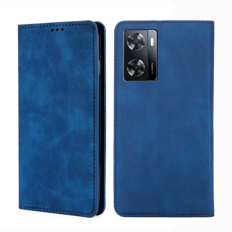 Blue leather flip phone case with stitched edges and rear dual-camera cutout