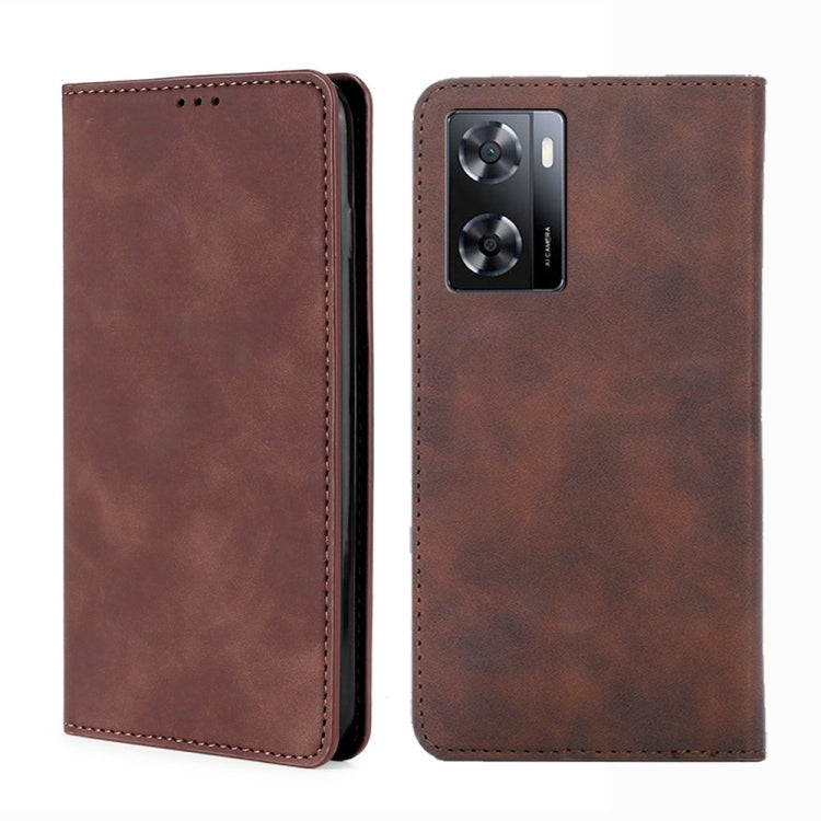 Dark brown flip leather phone case with camera cutout and stitched edges