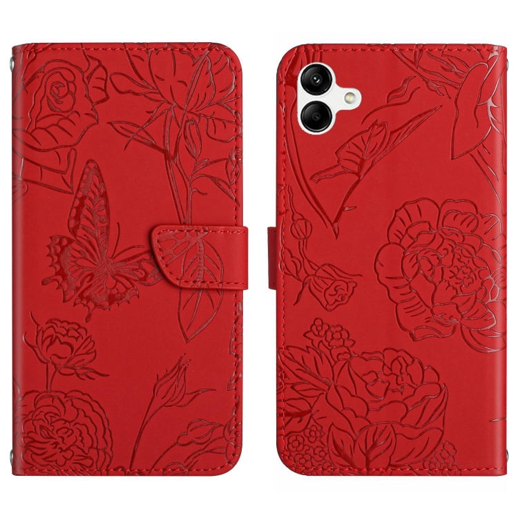 Red butterfly-embossed flip leather phone case with folio cover and strap tab.