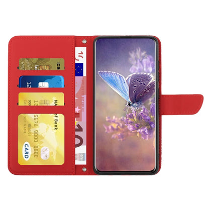 Red flip phone case with card slots and embossed butterfly pattern; front cover open.