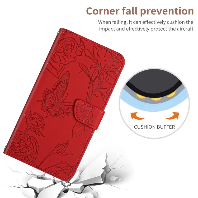 Red butterfly-embossed flip phone case with folio; corner impact cushion shown.