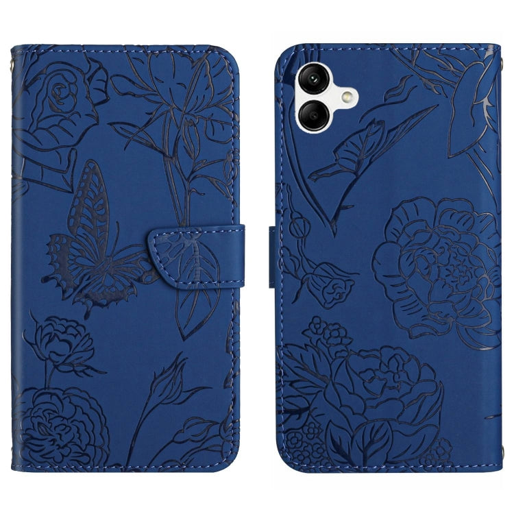 Blue butterfly-embossed flip leather phone case with folio cover and strap tab.