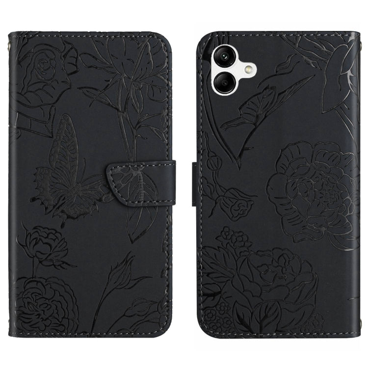 Black butterfly-embossed flip leather phone case with folio cover and strap tab.