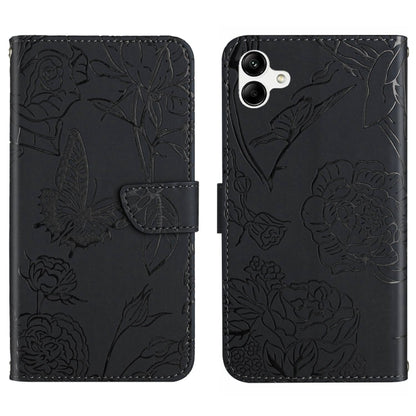Black butterfly-embossed flip leather phone case with folio cover and strap tab.