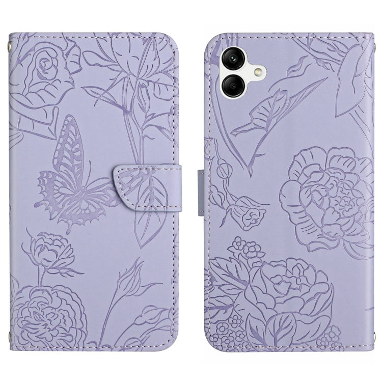 Lavender butterfly-embossed flip leather phone case with folio cover and strap tab.