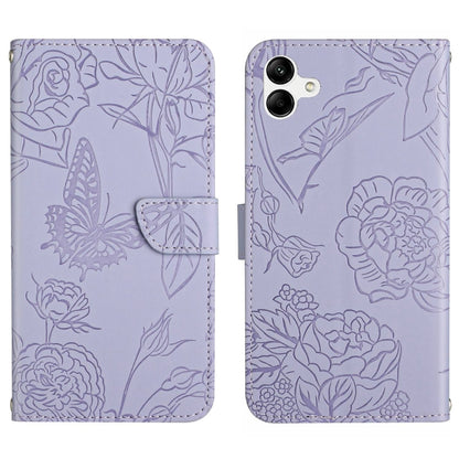 Lavender butterfly-embossed flip leather phone case with folio cover and strap tab.