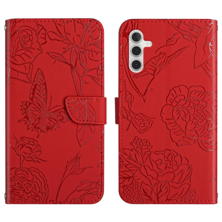 Red butterfly-embossed flip leather phone case with magnetic strap and card slot.