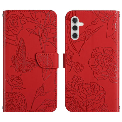 Red butterfly-embossed flip leather phone case with magnetic strap and card slot.