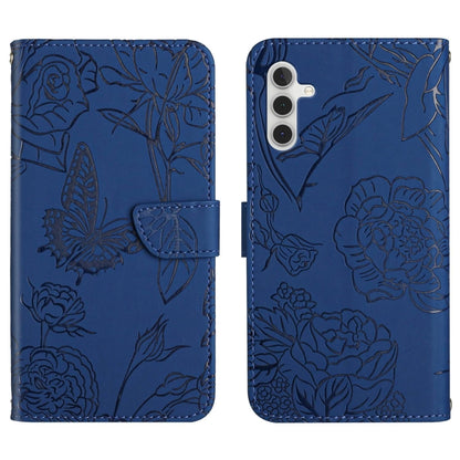 Blue butterfly-embossed flip leather phone case with magnetic strap and card holder.