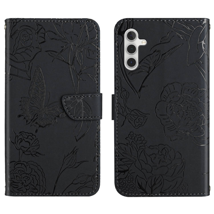 Black butterfly-embossed flip leather phone case with magnetic strap and card slot.