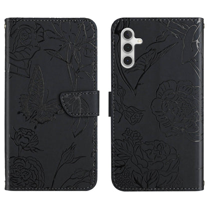Black butterfly-embossed flip leather phone case with magnetic strap and card slot.