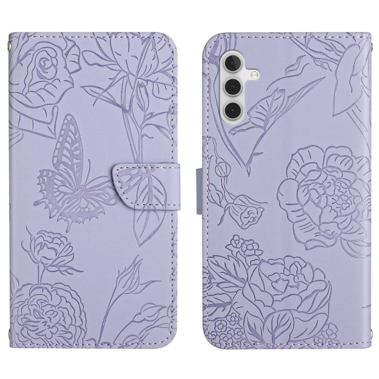 Light purple butterfly-embossed flip leather phone case with magnetic strap and slot.