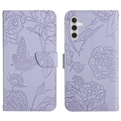 Light purple butterfly-embossed flip leather phone case with magnetic strap and slot.
