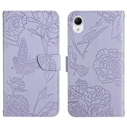 Lavender butterfly-embossed flip leather phone case showing back camera cutout.