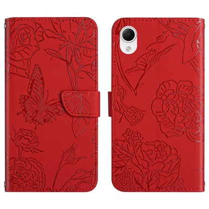 Red butterfly-embossed flip phone case with floral pattern and card slot