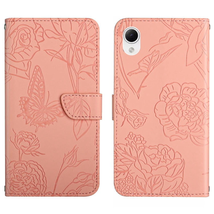 Pink butterfly-embossed flip phone case with floral pattern and card slot