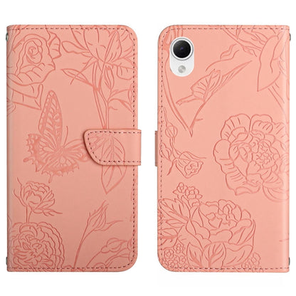 Pink butterfly-embossed flip phone case with floral pattern and card slot