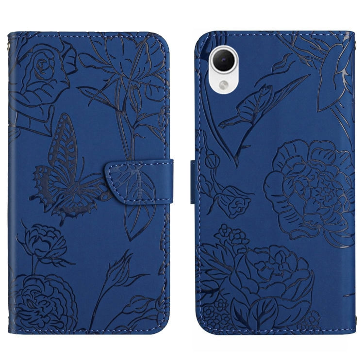 Blue butterfly-embossed flip phone case with floral pattern and card slot