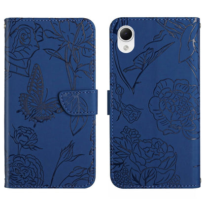 Blue butterfly-embossed flip phone case with floral pattern and card slot